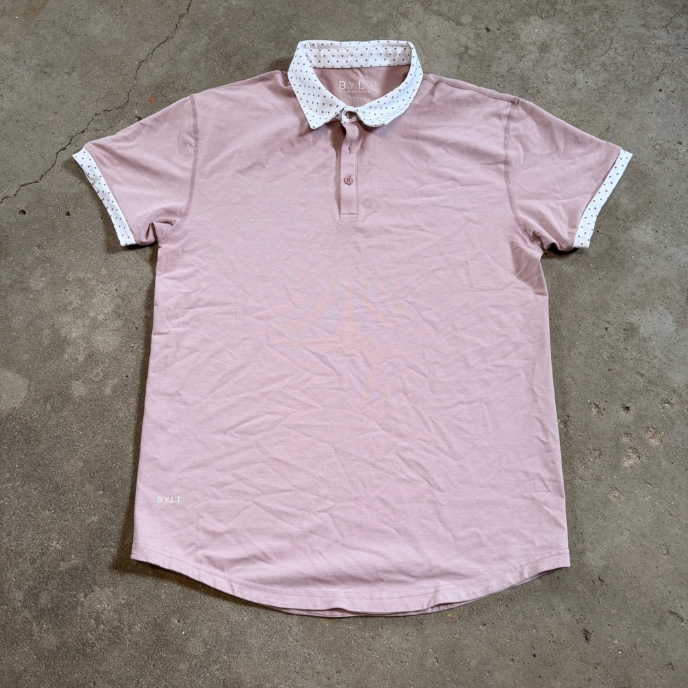 BYLT Lux Polo Shirt Mens Large Pink Polka Dot Trim Short Sleeve Drop Hem